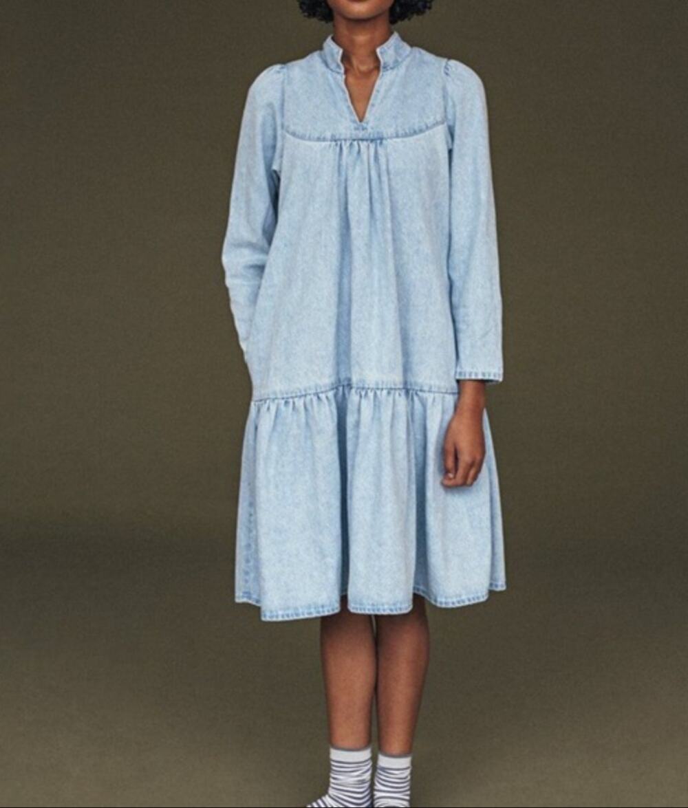 Aliya Wanek Blue Opal Denim Jean A Line Puff Sleeve Dress Size XS